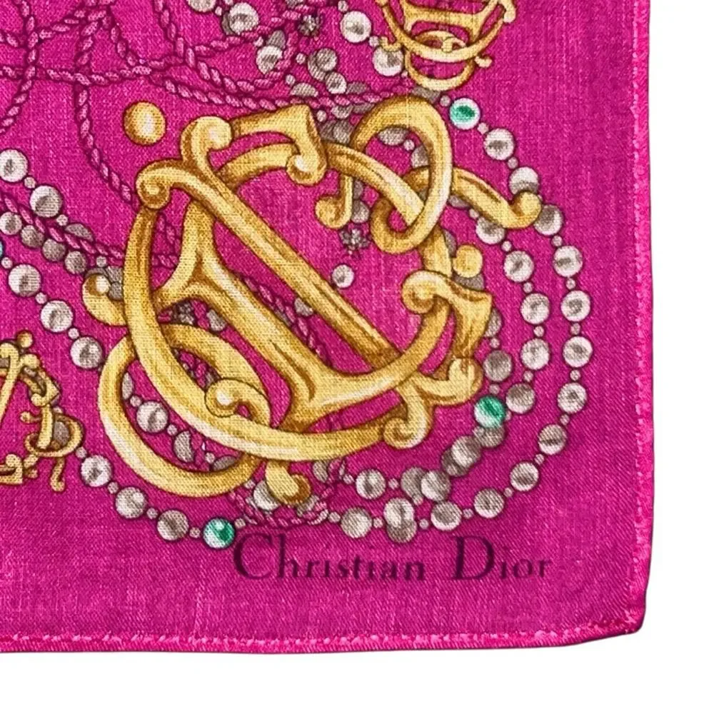 VTG Christian Dior Pink Gold Monogram Logo Pearl Pocket Square Twilly Bag Scarf